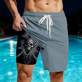 Hombre Cráneos Impresión de cadenas Cruz Pantalones cortos forrados Bañador 2 en 1 Trajes de baño, bañadores cortos Media cintura Estilo gótico oscuro Casual v