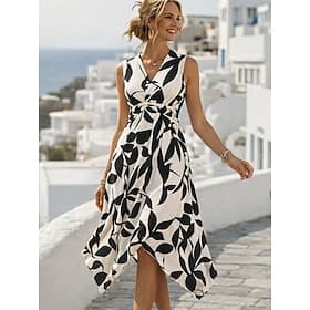 Femmes Robe Midi Robe bohème Robe d'Été Élégant Bohème Vacances Plage Fête Coupe régulière Graphique Feuille Sans manches Col en V Bleu Violet Beige Été Printe