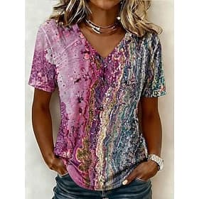 Women's T Shirt Print Ombre Geometric Abstract Stylish Classic Casual Short Sleeve V Neck Regular Tops Casual Daily Pink Wine Dusty Blue Fuchsia Green Summer S