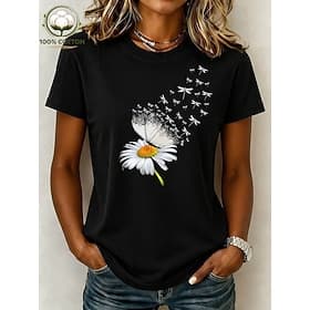 Femmes 100% Coton T-shirt Imprimé Fleuri Graphique ancien Élégant Occasionnel Manche Courte Col ras du cou Hauts Réguliers Occasionnel Quotidien Sortir Beige c