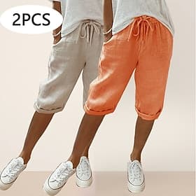 Multi Packs 2pcs Women's Linen Pants Capri Pants Summer Shorts Vacation Fashion Casual Daily Knee Length Natural Solid Colored Drawstring Pocket Elastic Waist