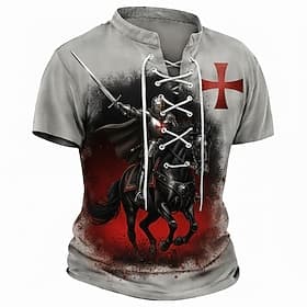 T-shirt homme crusaders chevalier montant à cheval croix templière rouge guerrier croisé médiéval fantasy à lacets t-shirt impression intégrale col en V à manc