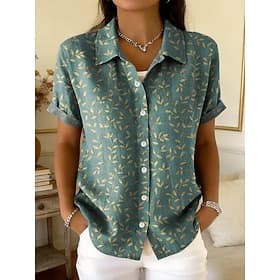 Women's Shirt Buttons Print Floral Graphic Geometric Daily Stylish Casual Short Sleeve Shirt Collar Crop Tops Casual Daily Sage Green Green Summer Spring