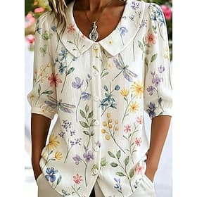 Femmes Chemise Imprimé Fleuri Graphique Libellule Vacances ancien Élégant Demi Manches Col Rond Claudine Hauts Réguliers Occasionnel Quotidien Bleu Blanche Jau