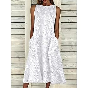 Women's Midi Dress Lace Dress White Dress Elegant Fashion Daily Beach Vacation Regular Fit Floral Sleeveless Boat Neck White Summer Spring