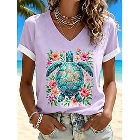Femmes T-shirt Imprimé Graphique Tortue de mer ancien Élégant Classique Manche Courte Col en V Hauts Réguliers Occasionnel Quotidien Sortir Bleu Blanche Rose C