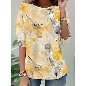 Women's T Shirt Print Floral Graphic Plants Stylish Classic Modern Long Sleeve Crew Neck Regular Tops Casual Daily Weekend Yellow Summer Spring Fall