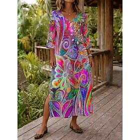 Damen Maxikleid Boho-Kleid Shiftkleid Sommerkleid Strandkleid Bohemien Urlaub Ethnisch Strand Ferien Date Normale Passform Grafik Abstrakt Dreiviertelarm V Aus