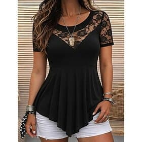 Women's T Shirt Lace Tops Tee Top Lace Patchwork Plain Fashion Stylish Classic Short Sleeve Crew Neck Regular Tops Daily Going out Weekend Blue Black Wine Red