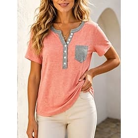 Women's T Shirt Solid Color Vintage Stylish Basic Short Sleeve Henley Regular Tops Casual Daily Blue Black White Pink Gray Summer Spring Fall