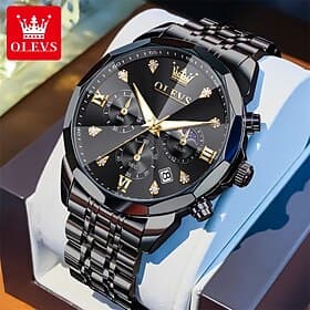 Men's Luxury Watch Black Stainless Steel Chronograph Business Fashion Wrist Watch with Date Moon Phase, Waterproof Luminous Diamond Roman Numerals Multi-Dial W