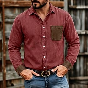 Men Shirt Casual Shirt Vintage Shirt Button Up Shirt 100% Cotton Acid Wash Shirt Blue Black Wine Purple Long Sleeve Plain Lapel Casual Streetwear Pocket Clothi