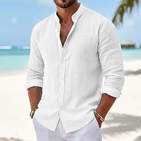 Men's Shirt Summer Shirt Beach Wear Button Up Shirt Plain Casual Vacation Blue Black White Pink Long Sleeve Mandarin Collar Spring Summer Summer Clothing Appa