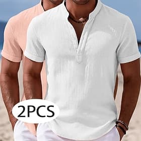 Men Shirt Linen Shirt Popover Shirt Summer Shirt Beach Wear Band Collar Shirt Plain Casual Daily GreenGray WhitePink BlackNavy Blue GreenKhaki Short Sleeve Hen