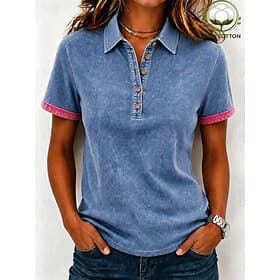 SoftFade™ Women's Vintage Washed 100% Cotton Patchwork Buttons Short Sleeve Lapel Regular Tops Blue Pink Summer Spring