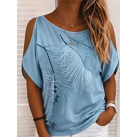 Women's Cold Shoulder Tops T Shirt Summer Tops Tee Graphic Elegant Bohemia Tropical Short Sleeve Boat Neck Regular Tops Casual Daily Beach Blue Green Gray Summ