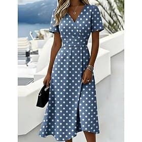 Women's Midi Dress Wrap Dress A Line Dress Vacation Casual Boho Outdoor Beach Going out Regular Fit Graphic Polka Dot Short Sleeve V Neck Blue Summer Spring