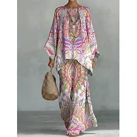 Women's Pants Sets Long Sleeve Round Neck Graphic Paisley Print Fashion Streetwear Casual Daily Outdoor Pink Summer Loose Fit