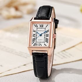 Vintage Tank Watch for Women Rose Gold Rectangular Case Retro Roman Numeral Dial with Blue Hands Black Leather Band Ladies Small Quartz Dress Watch Business Ca