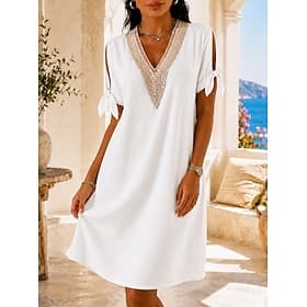 Women's Knee Length Dress Lace Dress White Dress Summer Dress Elegant Fashion Beach Vacation Holiday Regular Fit Plain Short Sleeve V Neck White Pink Sky Blue