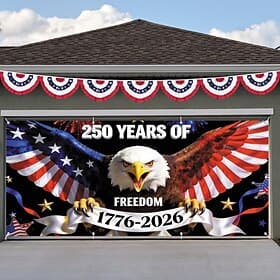 250th Years of Freedom Garage Door Cover Decoration 7x16ft American Flag Pentagram 4th of July Anniversary Backdrop Independence Day Patriotic Themed Party Ban