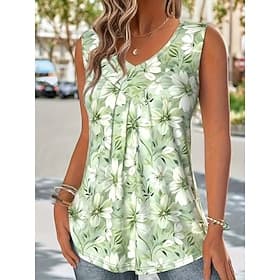 Dame Camisole Tank Top Trykt mønster Blomstret Grafisk Planter Årgang Tropisk Stilfull Ermeløs V-hals Lange topper Avslappet Daglig Blå Lysegrønn Rosa Sommer V