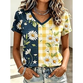 Easter Women's T Shirt Print Floral Graphic Plants Stylish Classic Casual Short Sleeve V Neck Regular Tops Casual Daily Yellow Summer Spring