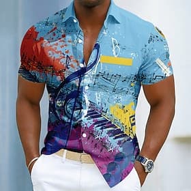 Men's Music Notes Shirt Summer Shirt Button Up Shirt Short Sleeve Vintage Daily Music Festival Holiday Summer Spring Turndown 3D Print Front One Pocket Linen L