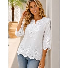 Women's Blouse Lace Embroidered Solid Color Stylish Casual 3/4 Length Sleeve V Neck Regular Tops Casual Daily White Summer Spring