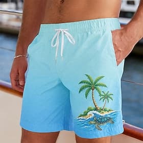 Men's Coconut Tree Tortoise Swim Trunks Bathing Suits Swim Shorts Board Shorts Mid Waist Hawaiian Daily Beach Vacation Wear Side Pockets Mesh Lining Elastic Dr