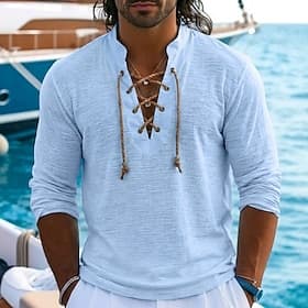 Men's Linen T-Shirt Long Sleeve Lace Up Neck Henley Spring Summer Summer Spring Solid Color Plain Vintage Nautical Bohemian Lace up See Through Casual Vacatio
