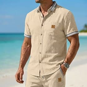 Men Shirt Linen Shirt Summer Shirt Beach Shirt Plain Casual Daily Blue Black Navy Blue Khaki Short Sleeve Collar Summer Spring Clothing Apparel Patchwork
