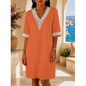 Women's Knee Length Dress Lace Dress Shift Dress Summer Dress Fashion Beach Vacation Holiday Regular Fit Plain Half Sleeve V Neck Blue Black White Orange Summe