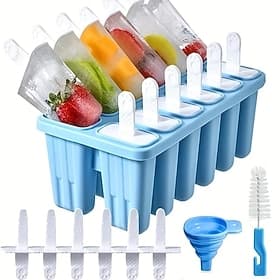 12 Pieces 10-Compartment Silicone Popsicle Molds with Reusable Sticks Funnel Cleaning Brush, Easy Release Ice Pop Maker for Kids Homemade Fruit Popsicles Party