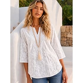 Women's Blouse Eyelet Solid Color Stylish Casual 3/4 Length Sleeve Notched Neck Regular Tops Casual Daily White Summer Spring