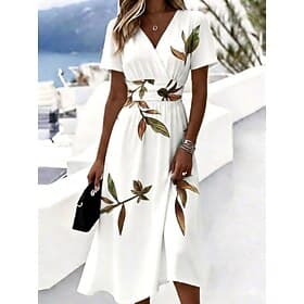 Women's Midi Dress A Line Dress Vacation Casual Boho Regular Fit Floral Graphic Short Sleeve V Neck Blue White Pink Beige Summer Spring