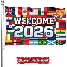 VM-cupflagg i fotball, velkommen 2026 fotballfestivalflagg 3x5 fot, dekorasjoner av verdens fotballlandflagg for utendørs og innendørs bruk