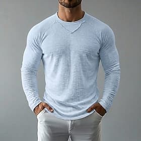 Homme T-shirt en lin manche longue Col ras du cou Printemps Été Été Printemps Couleur Unie Uni ancien Bohème Occasionnel Transparent Bord écru Occasionnel Vac