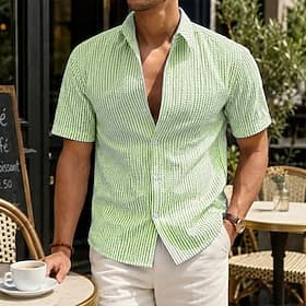 Men Shirt Texture Casual Shirt Seersucker Shirt Button Up Shirt Black Light Green Pink Navy Blue Purple Short Sleeve Plain Striped Shirt Collar Casual Daily Fr