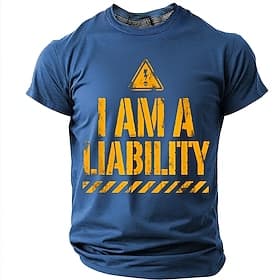 'I Am A Liability' Warning Sign Men's Funny Sarcastic Humorous Distressed T Shirt Graphic Crew Neck Short Sleeve Streetwear Casual Gag Gift for Him Designer Cl