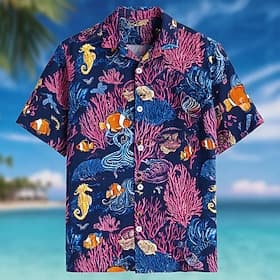Men's Seahorse Fish Coral Summer Hawaiian Shirt Tropical Shirts Aloha Shirt Short Sleeve Hawaiian Daily Beach Vacation Wear Summer Spring Turndown 3D Print But