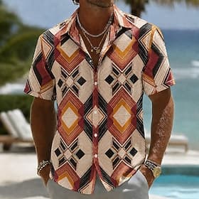 Men's Geometric Rhombus Shirt Summer Shirt Button Up Shirt Short Sleeve Vintage Daily Beach Vacation Wear Summer Spring Turndown 3D Print Button Up Shirts Blue