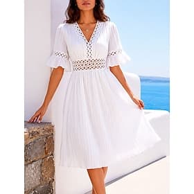 Femmes Robe Longueur Genou Robe d'Été Robe Décontractée Vacances Occasionnel Boho Plage Soirée Date Coupe régulière Uni Manche Courte Col en V Bleu Blanche Jau