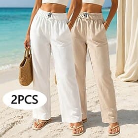 Multi Packs 2pcs Women's Cotton Linen Pants Trousers Casual Pants Summer Pants Vacation Fashion Streetwear Full Length High Waist Plain Pocket Elastic Waist Co