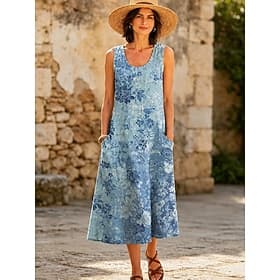 Women's Midi Dress Sundress A Line Dress Vacation Casual Boho Holiday Regular Fit Floral Graphic Sleeveless U Neck Blue Khaki Summer Spring