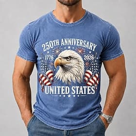4 juli 2026 250e Voor heren Adelaar Amerikaanse vlag Acid Wash-shirt Zwaargewicht T-shirt Korte mouw T-shirt DTG Strakke ronde hals Overhemd Vaderlandslievend