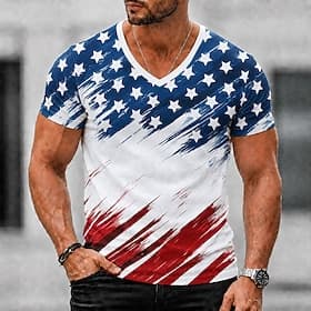 4 de julio de 2026, 250 aniversario Hombre Estrella Bandera estadounidense de los Estados Unidos Camiseta Manga Corta Camiseta Impresión 3D Escote en Pico Cami