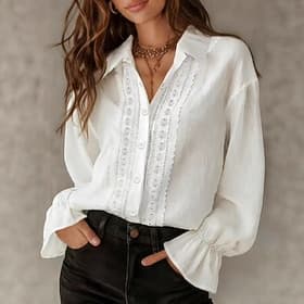 Women's Lace Tops Ruffle Shirt Ruched Lace Solid Color Elegant Stylish Basic Long Sleeve Bell Sleeve Turndown Regular Tops Casual Light Blue Black White Pink A