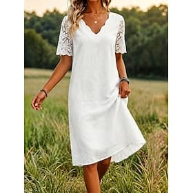 Women's Knee Length Dress Lace Dress White Dress Elegant Fashion Beach Vacation Holiday Regular Fit Plain Short Sleeve V Neck White Summer Spring
