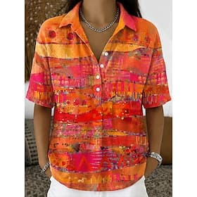Women's Shirt Buttons Print Graphic Geometric Abstract Vintage Daily Stylish Short Sleeve Turndown Long Tops Casual Daily Holiday Purple Orange Green Summer Sp